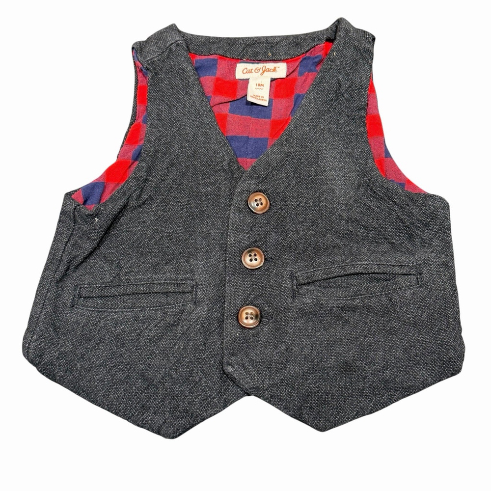 Cat & Jack Lined Vest Toddler Boys 18M Deep Gray Buffalo Lining Print Red Cotton